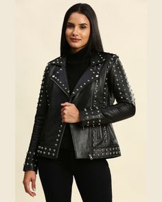 Biker Style Studded Outerwear For Fall, Winter Leather Biker Jacket With Studs, Winter Leather Studded Biker Jacket, Studded Leather Biker Jacket For Winter, Fitted Studded Leather Jacket For Spring, Fall Leather Biker Jacket With Studs, Fitted Winter Outerwear With Studs, Winter Fitted Studded Outerwear, Winter Fitted Studded Leather Jacket