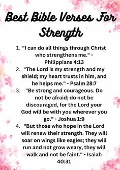 the best bible verses for strength with pink flowers on white background and text overlay