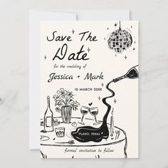 save the date card with wine and disco ball