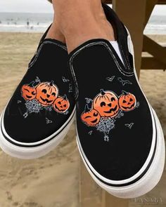 Lasaky - Halloween Pumpkin Print Casual Canvas Shoes Halloween Shoes, Tenis Vans, Halloween Long Sleeve, Pumpkin Print, Rubber Shoes, Canvas Sneakers, Halloween Pumpkin, Black Canvas, Olivia Mark