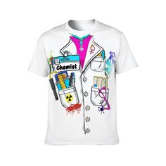 Women Science Chemistry Lab Coat T-shirt, Women In Science Shirt, Woman Chemistry Teacher Lab Coat Costume Unisex All Over Print T-Shirt from Funanimagraphics. * [Material]: Polyester * [Print Technology]: Digital print * [Print Position]: All over print * [Type]: Crewneck T-shirt * [Occasion]: Basic T-shirt of casual style, suitable for any usual occasion. * [Care Instruction]: Hand wash or machine wash. About this Item * Quality workmanship Selected high-quality fabrics, soft, comfortable, and Multicolor Printed T-shirt, Multicolor Crew Neck Shirt With Printing, School T-shirt With Funny Print And Crew Neck, Casual School Shirt With Sublimation Print, School Tops With Sublimation Print And Short Sleeves, Cotton T-shirt With Sublimation Print For School, White Graphic T-shirt For School, School Crew Neck Top With Graphic Design, School T-shirt With Graphic Design, Crew Neck