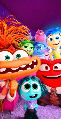 the characters from inside out in front of a purple background with an orange and blue monster