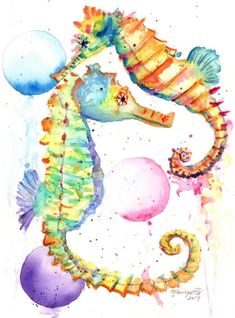 a watercolor painting of a seahorse with balloons in its mouth and an egg on the ground