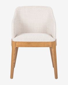 an upholstered chair with wooden legs and a white fabric seat pad, viewed from the front