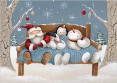 two stuffed animals are sleeping on a bed in the snow with santa claus and other toys