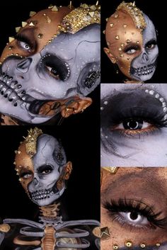 Steampunk Skull Makeup Look With Red & Silver Eyes Skull Makeup Look, Color Contacts For Halloween, Coloured Contacts, Steampunk Skull, Metallic Eyes, Coloured Contact Lenses, Eye Lens, Colored Contact Lenses, Skull Makeup