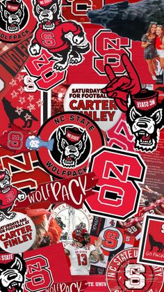 a collage of red and black stickers with images of the college mascots