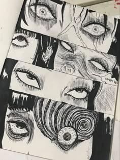 four different types of eyes are shown in black and white, with one being drawn