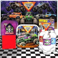 monster jam and monster trucks are displayed on a checkered tablecloth with an assortment of products