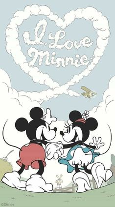 two mickey mouses in love with the words i love minnie above them and an airplane flying