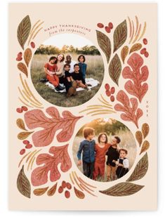 a christmas card with three photos on the front and two in the back, surrounded by leaves