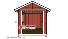 a small red shed with the measurements for it's roof and side door open