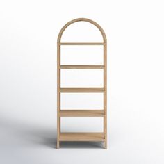 a wooden shelf with an arch on the top and bottom, against a white background