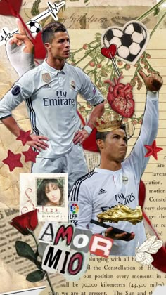 the collage shows two soccer players with their hands in the air