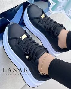 Lasaky - Stylish Lace-up Sneakers with Contrast Paneled Platform for Casualwear Black Casual Shoes, Double Strap Sandals, Round Toe Sneakers, Sneakers Patterns, Floral Sandals, Metallic Sandals, Round Toe Heels, Platform Sneakers, Slip On Sneakers