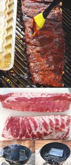 steaks are being cooked on the grill with tongs