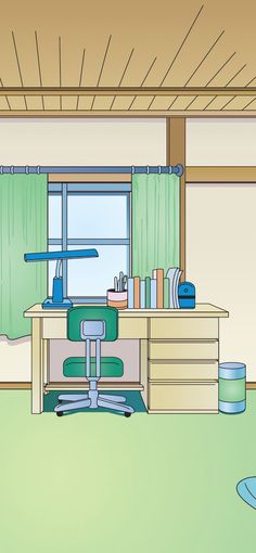 a room with green curtains and a desk in the corner, next to a window