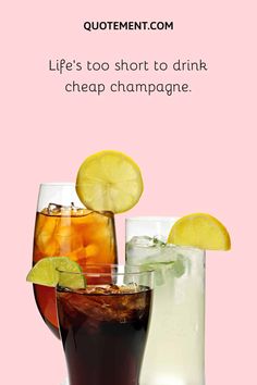 three glasses filled with different types of drinks on top of a white plate next to a pink background