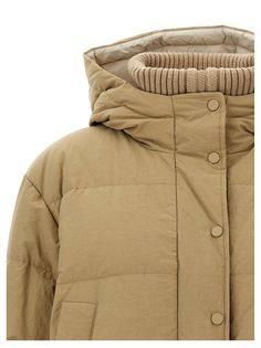 Hooded down jacket in nylon with down padding, ribbed knit insert, zip and button closure, pockets, long sleeves with cuffs, adjustable drawstring at the hem. Composition: 74% polyamide, 26% cotton Winter Nylon Parka With Ribbed Cuffs, Beige Nylon Winter Outerwear, Winter Beige Nylon Outerwear, Beige Nylon Winter Puffer Jacket, Winter Beige Nylon Puffer Jacket, Beige Winter Puffer Jacket With Detachable Hood, Beige Puffer Jacket With Detachable Hood For Winter, Beige Winter Puffer Jacket With Double-lined Hood, Winter Parka With Ribbed Cuffs For Cold Weather