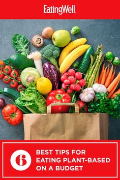 a bag full of vegetables and fruits with the words best tips for eating plant - based on a budget