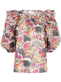 purple/multicolour cotton ruffled detailing all-over floral print round neck three-quarter length puff sleeves elasticated cuffs straight hem Elbow Sleeve Blouse, Gold Blouse, Black Tank Dress, Hem Style, Elbow Sleeve, Neck Ruffle, Designer Clothes For Men, Puff Sleeve Top, Engineered Garments