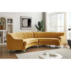 This curved sofa features comfortable velvet upholstery, a vertical backrest, and a recessed arm. This large curved sofa is composed of two small curved sofas through connecting buckles. You can also separate them, which are two small curved sofas. It is also a good choice for two small curved sofas. Fabric: Yellow Velvet, Sofa Design: Curved | Mercer41 Dalaya Velvet Sofa, Sofas, couch, Upholstered Sofa 33.5 H x 141.0 W x 41.7 D in grayVelvet | 19.09" H X 23.82" D | Wayfair Small Curved Sofa, Curved Sofas, Circle Sofa, Furnitur Ruang Keluarga, Hangout Spot, Curved Sectional, Sofa L, Upholstered Couch, Modern Sofa Sectional