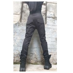 "Black cotton long woman pants🤩 Extravagant designs and high quality fabrics. The item from the pictures is size S For more information feel free to ask questions. Material &Care Cotton textiles Machine wash 30oC Hand wash at low temperatures Do not machine dry Medium hot iron Sizing We make size from xs to 3xl as well as customized measures.So don't hesitate to contact us and make one for you. 🛫🎁Shipping🎁 🛬 STANDARD SHIPPING Europe : 6-8 business days USA&Canada : 8-10 business day Gothic High Waist Stretch Pants, Gothic Fitted Bottoms, Black Gothic Straight Leg Pants, Gothic Black Straight Leg Pants, Gothic Stretch Trousers, Fitted Trousers For Alternative Fashion, Fitted Full-length Bottoms For Alternative Fashion, Fitted Straight Leg Pants For Alternative Fashion, Gothic Full-length Pants For Alternative Fashion