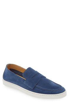 Part penny loafer and part sneaker, this versatile slip-on made of soft suede features a rubber cupsole that grounds every look in kicked-up comfort. Removable, cushioned insole with arch support Leather upper and lining/rubber sole Made in Portugal Loafer Sneakers, Sneaker Men, Platform Slippers, Blue Fits, Penny Loafer, Kids Sandals, Fragrance Design, Fabric Gift Bags, Designer Clothes For Men