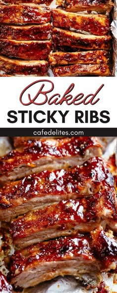 baked sticky ribs with bbq sauce on top and in the background text reads baked sticky ribs