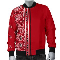 Based on the design of our best selling Asymmetrical Bandana Hoodie, this awesome Bandana Bomber Jacket gives you that same great street style vibe taken up a notch for those less casual times. Constructed from a premium polyester blend plus ultra-soft, incredibly comfortable polyester inner lining Features a specialty high definition heat dye application to ensures long lasting color vibrancy even after machine washing High-quality, no-snag zipper Ribbed collar, cuff and waist line ensure a sty Bandana Hoodie, Bandanas Men, Black Bandana, Red Bandana, Classic Looks, Motorcycle Jacket, Varsity Jacket, Mens Jackets, Bomber Jacket