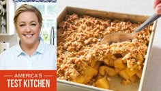 a woman holding a spoon in a pan filled with food and the words america's test kitchen