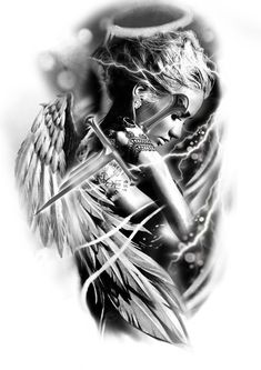 Female Angel Tattoo For Men, Guardian Angel Tattoo For Men Back, Realism Tattoo Design For Women, Warrior Women Tattoo Design, Female Realism Tattoo, Female Black And Grey Sleeve Tattoo, Avenging Angel Tattoo, Angel Looking Down Tattoo, Female Warrior Angel Tattoo