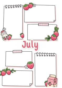 the july calendar with strawberries and strawberrys on it