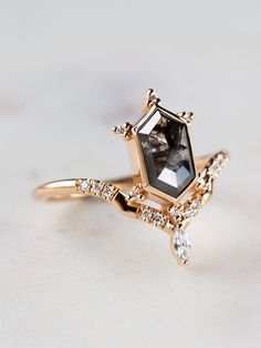 Madison Ring Witch Ring, Witch Rings, Hexagonal Ring, Hexagon Diamond, Solid Gold Band, Hexagon Design, The Modern Bride, Marquise Diamond, Salt And Pepper Diamond