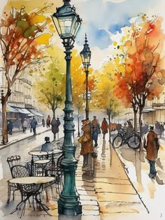 a watercolor painting of people walking down the street in an autumn cityscape