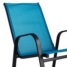 a blue lawn chair with black frame and arms