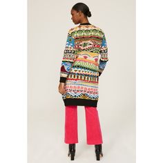 Multicolor jacquard knit (46% Wool, 42% Acrylic, 12% Polyamide). Sweater. Long sleeves. V-neck. Front button closure. 36" from shoulder to hemline. Imported. Casual V-neck Jacquard Knit Cardigan, Multicolor Jacquard Knit Winter Outerwear, Multicolor Jacquard Knit V-neck Sweater, Multicolor Jacquard Knit Cardigan For Spring, Spring Jacquard Knit V-neck Sweater, Spring Multicolor Jacquard Knit Cardigan, Spring Fair Isle Pattern Outerwear, Multicolor Jacquard Knit Cardigan For Winter, Multicolor Jacquard Knit Winter Cardigan