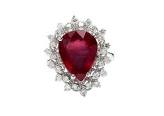 7.90 Carats Impressive Natural Red Ruby and Diamond 14K White Gold Ring Suggested Replacement Value $6,200.00 Total Natural Red Ruby Weight is: Approx. 7.00 Carats (lead glass filled) Ruby Measures: Approx. 14.20 x 10.70mm Natural Round Diamonds Weight: Approx. 0.90 Carats (color G-H / Clarity SI1-Si2) Ring size: 7 (free re-sizing available) Ring total weight: Approx. 5.8 grams Disclaimer: all weights, measurements and colors are approximate and may vary slightly from the listed dimensions or as Luxury Red Ruby Ring For Formal Occasions, Luxury Red Cluster Diamond Ring, Red Diamond Cluster Ring With Vvs Clarity, Gia Certified Red Diamond Ring For Formal Occasions, Luxury Pear-shaped Ruby Ring For Formal Occasions, Red Ruby Ring With Brilliant Pear-shaped Cut, Red Pear-shaped Ruby Ring With Brilliant Cut, Luxury Red Pear-shaped Ring, Classic Red Ruby Cluster Ring