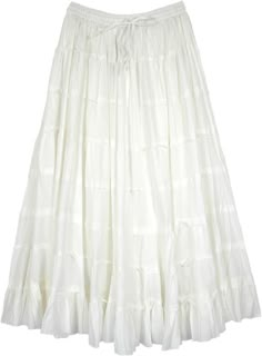 A dreamy white modern classic tiered skirt in pure cotton fabric - for summers, or wherever a long white skirt will do - from weddings to churches.  This is a mid-weight everyday casual skirt that is very comfortable to wear. #tlb #Crinkle #TieredSkirt #MaxiSkirt #vacationclothing #summerlongskirt #cottontieredskirt White Skirt Flowy, Low Waisted White Skirt, White Voluminous Tiered Maxi Skirt, White Tiered Cotton Skirt, Cotton Ruffled Tiered Petticoat, Cotton Petticoat With Ruffled Tiered Skirt, White Flowy Tiered Maxi Skirt, White Ruffled Full Maxi Skirt, White Cotton Maxi Skirt With Ruffles