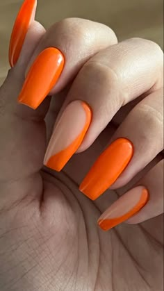 Cute Orange Nails Design, Neon Orange Design Nails, Orange Nails Ideas Acrylic, Simple Orange Acrylic Nails, French Colored Tips Nails Square, Acrylic Nail For Summer, Birthday Mani Pedi Ideas, Orang Nails Ideas, Simple Nail Designs Long Nails