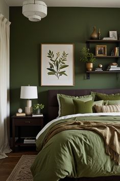 a bed with green sheets and pillows in a bedroom