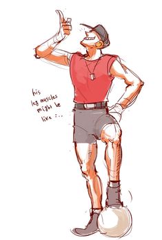 a drawing of a man in shorts and a red shirt with his hands on his hips