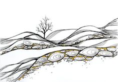 an ink drawing of trees and snow on a white background with gold trimmings