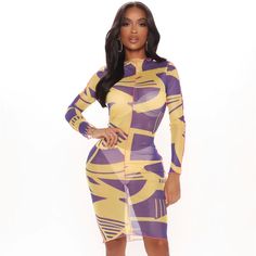 Never Worn. Perfect Condition/Brand New. Sheer Yellow And Purple Dress. Pink Lining. Long Sleeve. Abstract Print. Geometric Print. Mesh Midi Dress, Yellow And Purple, Dress Pink, Purple Dress, Abstract Print, Geometric Print, Fashion Nova, Midi Dress, Long Sleeve Dress