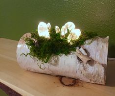 a white vase filled with mushrooms and moss on top of a wooden table next to a green wall