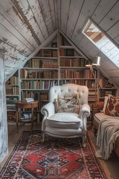 an attic bedroom with a chair and bookshelf