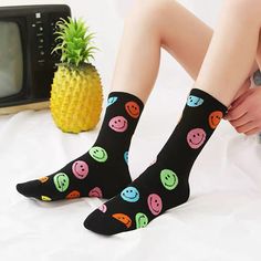 SpecificationMaterial: CottonStyle: White with Yellow Smileys, Black with Yellow Smileys, White with Rainbow Smileys, Black with Rainbow SmileysSize: One Size; Suitable for EU shoe size 35-40/ 21.5cm - 26.5cm Package 1 x Cute Korean Style Smiley Face Print Cotton SocksNoteDue to the light and screen setting difference, the item's colour may be slightly different from the pictures.Please allow slight dimension differences due to different manual measurements. modname=images&cols=1&colspace=10&row Casual Black Summer Socks, Cute Black Stretch Socks, Cute Stretch Black Socks, Fun Black Cotton Socks, Cute Black Cotton Socks, Cute Black Socks For Spring, Cute Black Spring Socks, Playful Black Winter Socks, Playful Black Cotton Socks