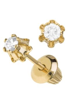 Whatever the occasion, this classic first set of diamond stud earrings will only add to her sparkle. The studs are hand-set in 14-karat gold to serve as a treasured keepsake, while the threaded post and safety-bell clutch make them safe for the tiniest of fashionistas. Style Name:Mignonette 14K Gold & Diamond Earrings (Baby Girls). Style Number: 5375214. Available in stores. Toddler Earrings, Baby Earrings, Baby Jewelry, Diamond Guide, Gold Diamond Earrings, Gold Baby, Kids Watches, Childrens Jewelry, Diamond Stud Earrings