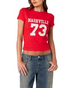 Edikted Nashville T Shirt Trendy Short Sleeve Top For Game Day, Fan Apparel Tops For Streetwear In Summer, Diy Nashville Shirts, Summer Fan Apparel Tops For Streetwear, Trendy Tops For Game Day In Summer, Red Relaxed Fit Top For College, Fitted Tops For Game Day In Spring, Red Fan Apparel T-shirt For Fall, Trendy Red T-shirt For College