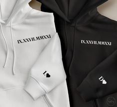 Introducing our Custom Personalized Roman Numeral Hoodie, the perfect way to commemorate your special moments in style! With our customization options, you can immortalize your cherished wedding date or anniversary by having it beautifully embroidered on the front of this cozy hoodie. Every glance at the Roman numerals will serve as a reminder of the unforgettable moments you've shared together. Personalize this hoodie even further by choosing from different sleeve customization, making it truly one-of-a-kind and uniquely yours. Crafted with care and attention to detail, our hoodie is not just a garment, but a wearable memory, designed to keep you warm and cozy while carrying the essence of your most precious moments. Whether it's a milestone anniversary, a significant date, or a special o Customizable White Hoodie For Gift, Customizable White Hoodie As Gift, White Hooded Sweatshirt Gift, White Letter Print Hoodie For Gift, Customizable White Hoodie, Roman Numeral 2, Matching Couples Shirts, Heart On Sleeve, Couples Shirts